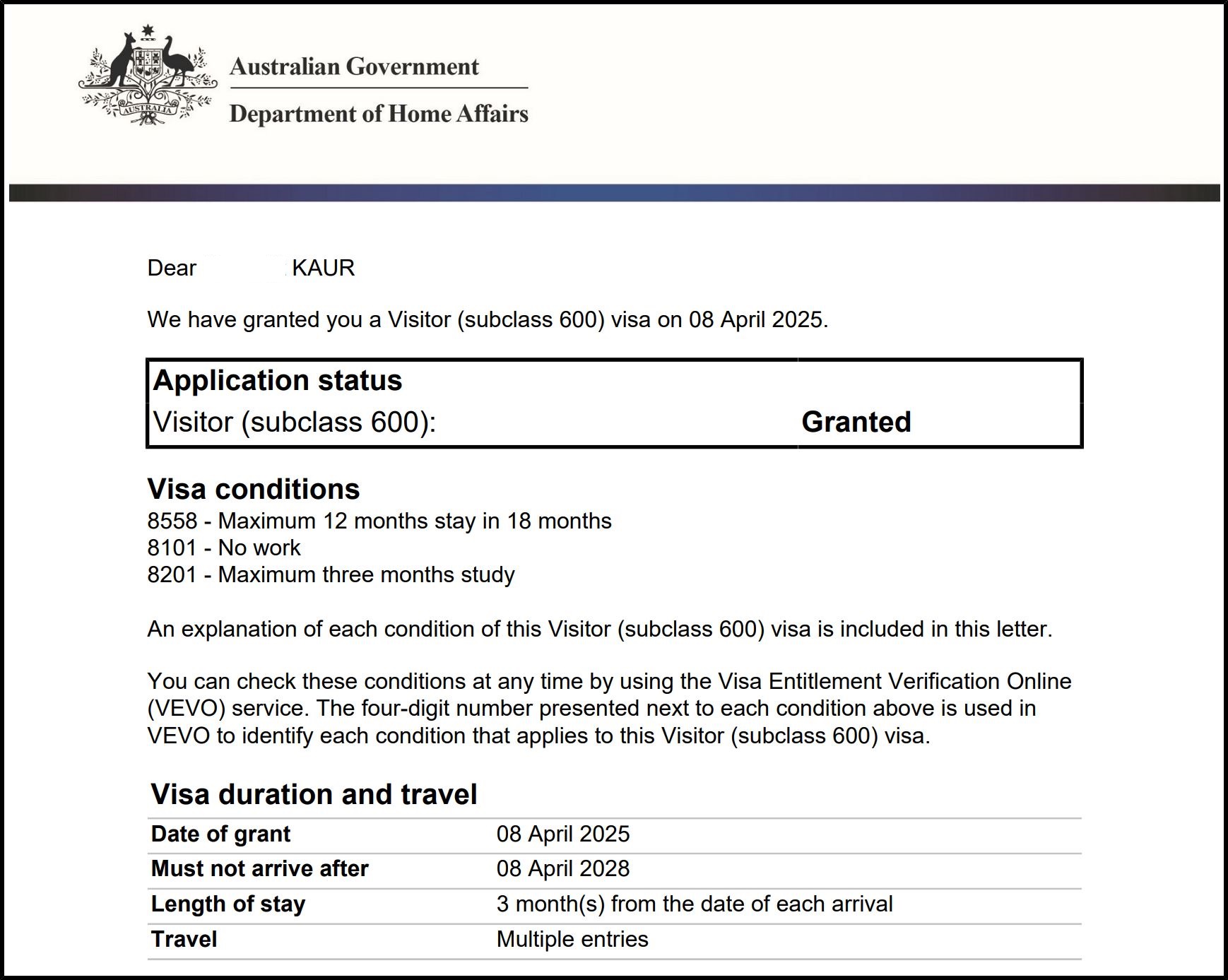 Visa Grant