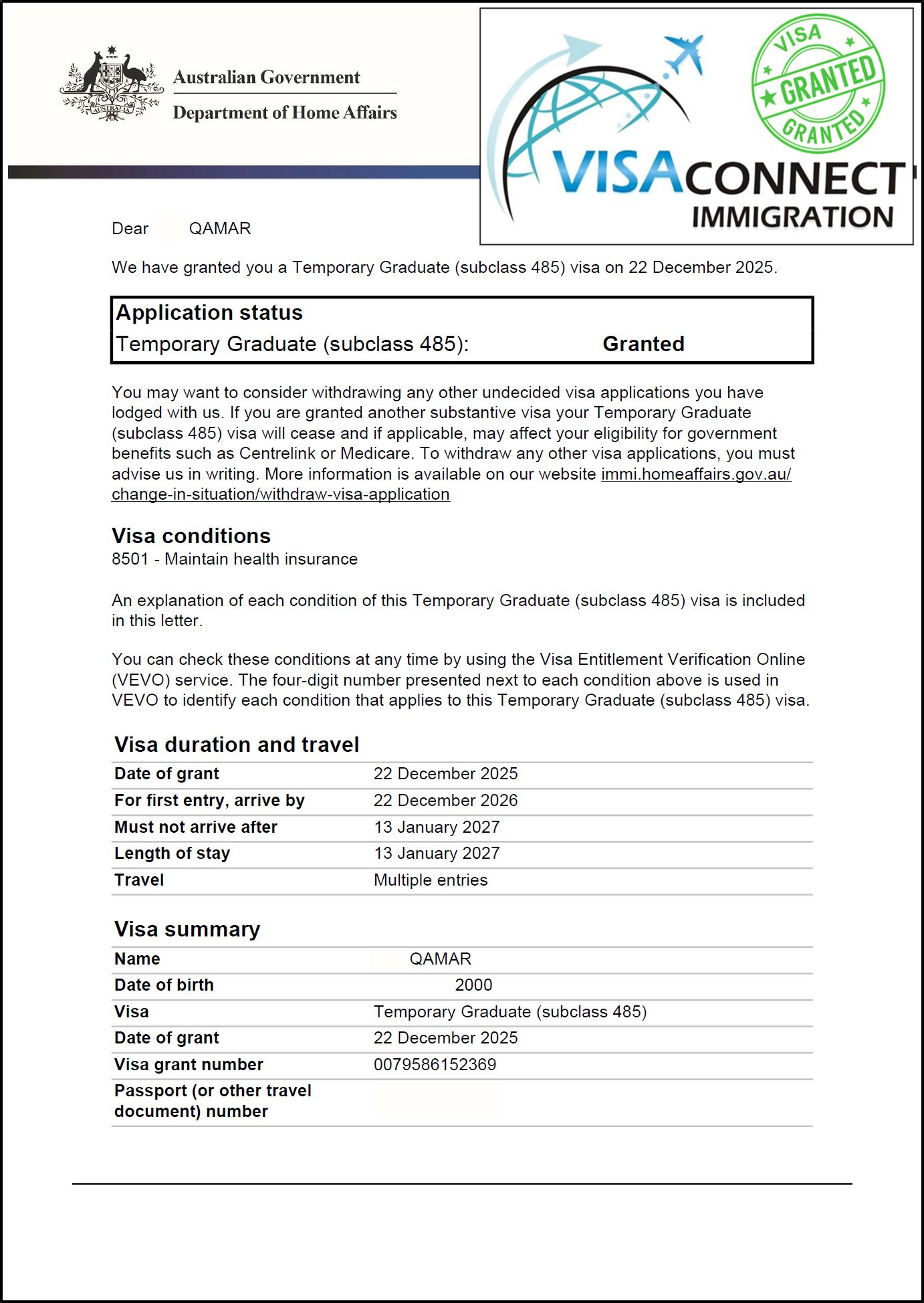 Visa Grant