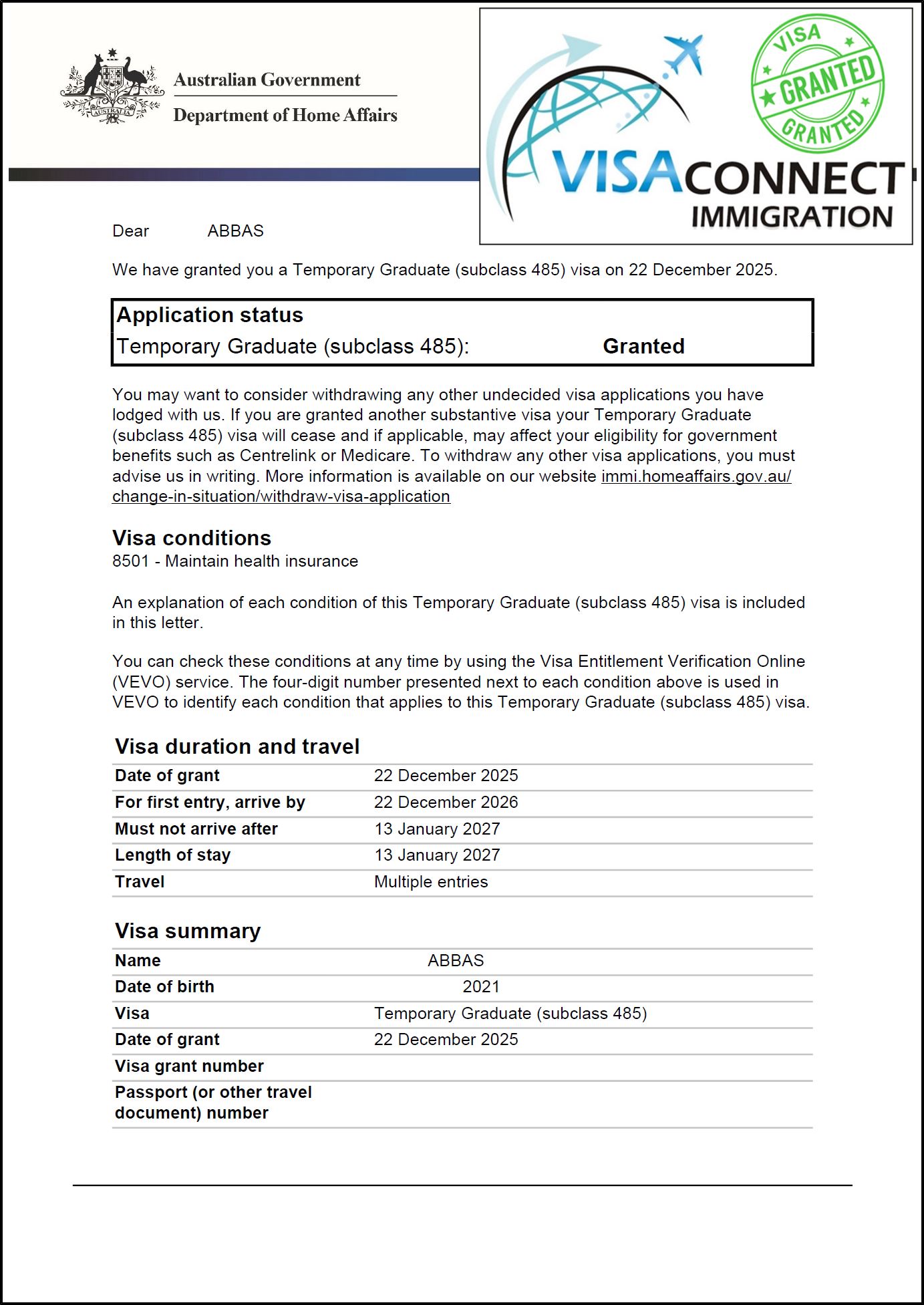 Visa Grant