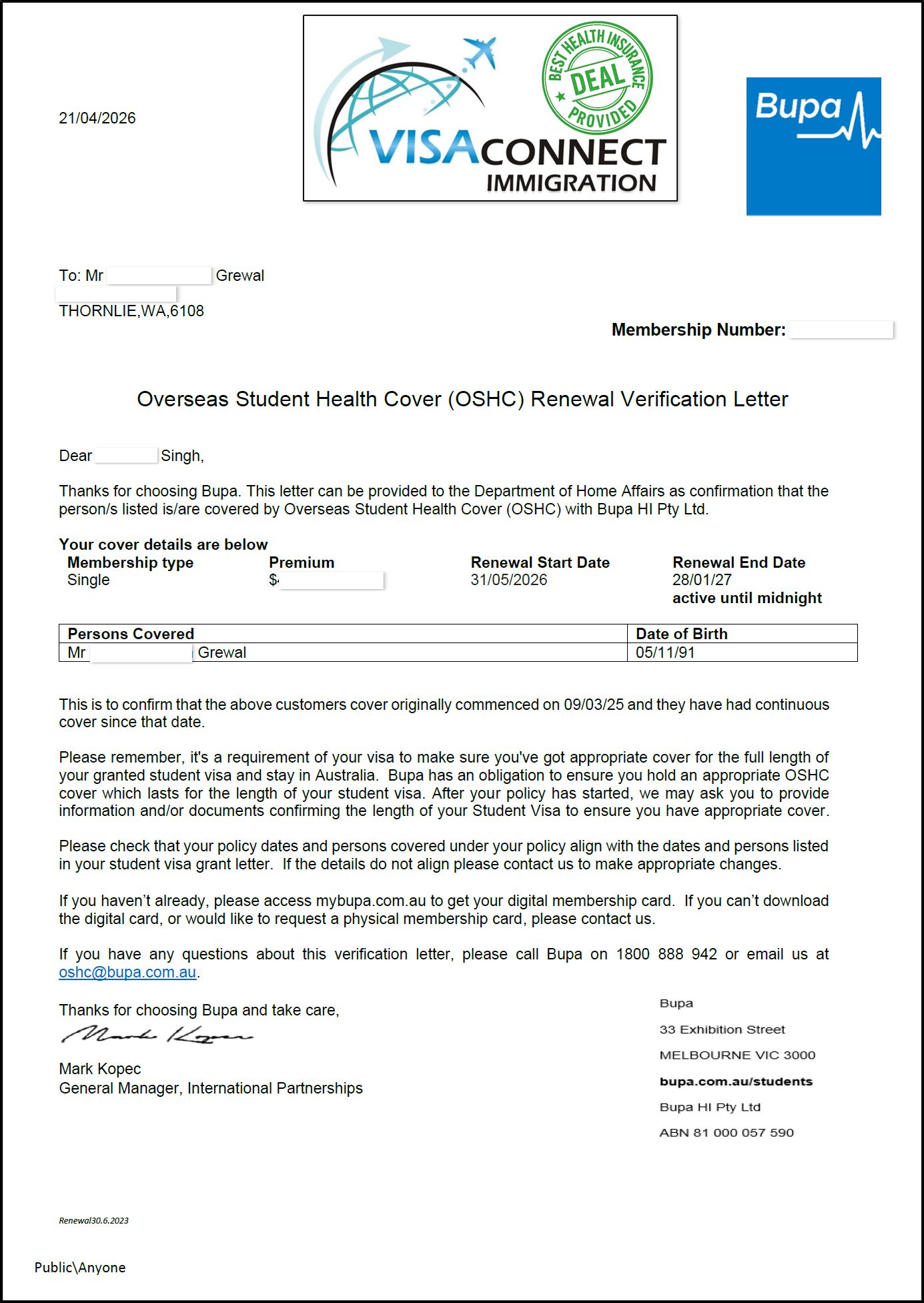 Visa Grant