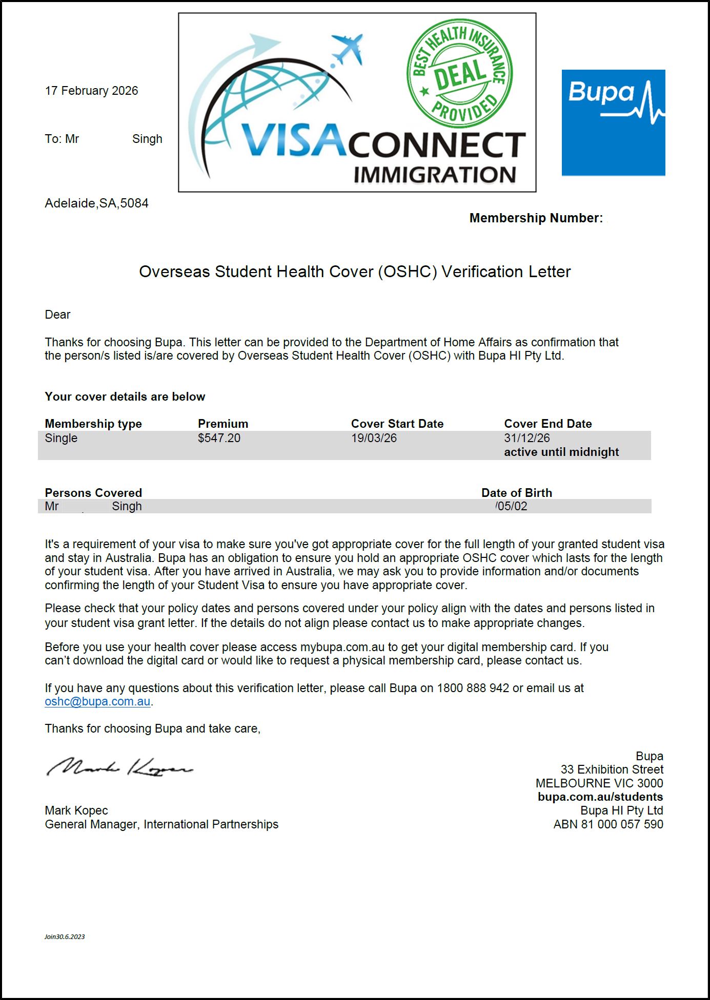 Visa Grant