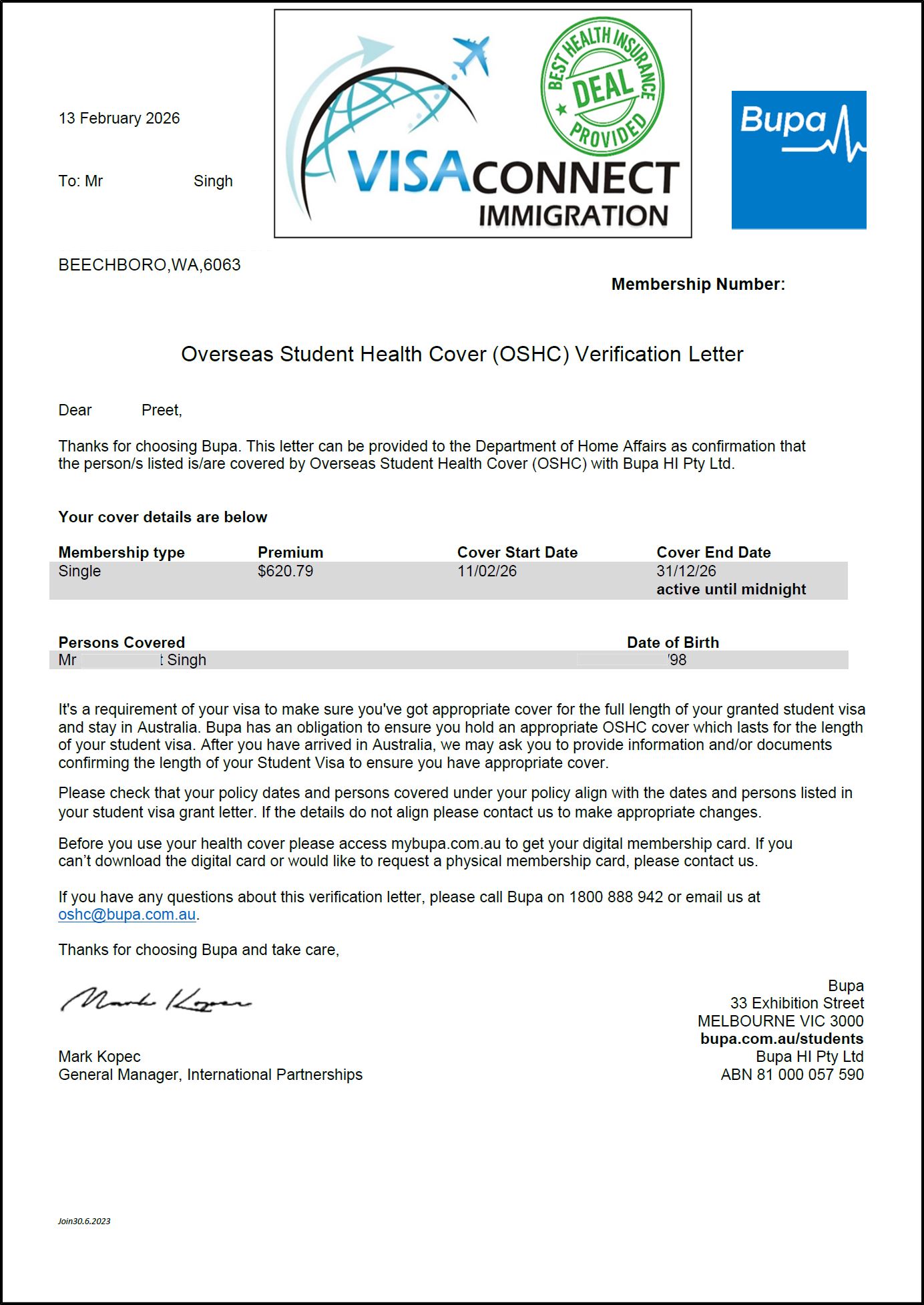 Visa Grant
