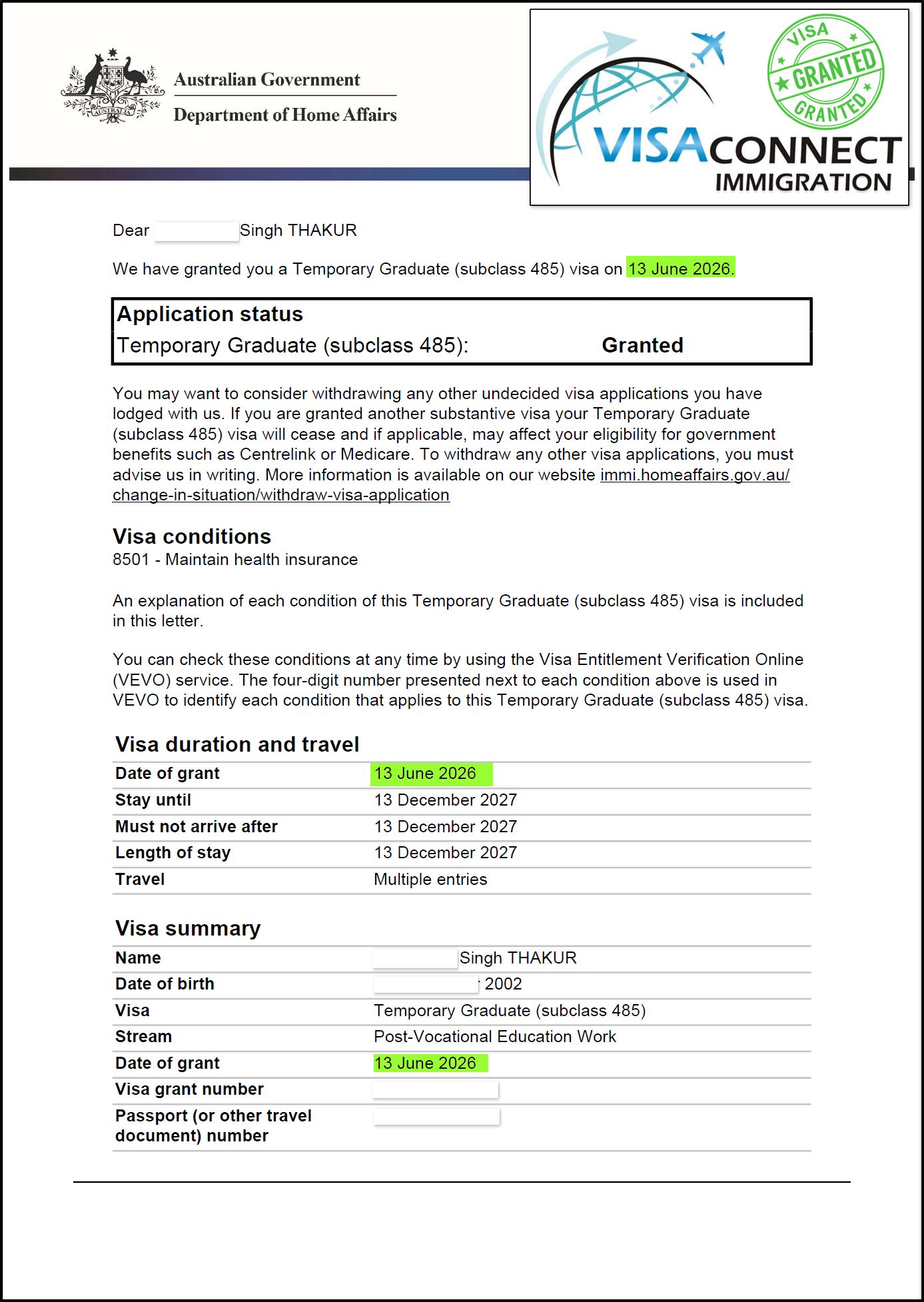 Visa Grant