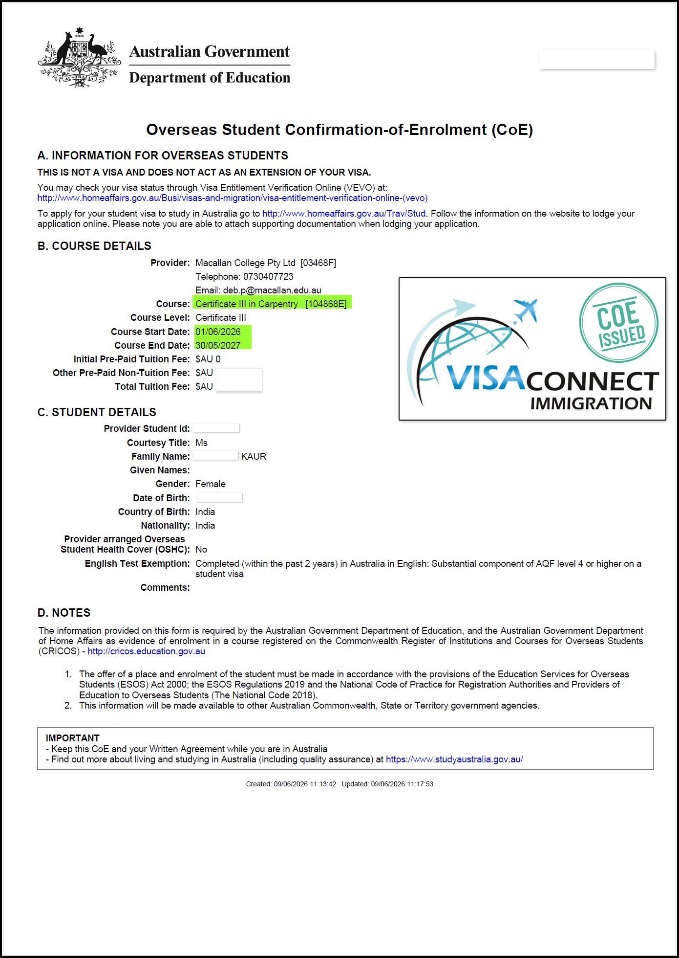 Visa Grant
