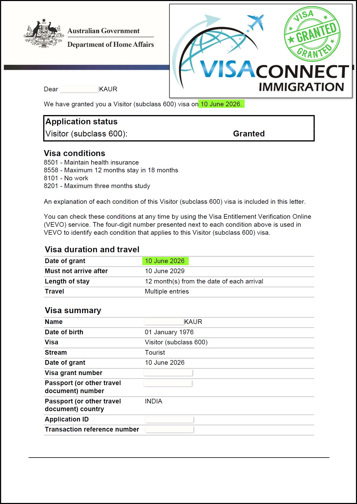 Visa Grant