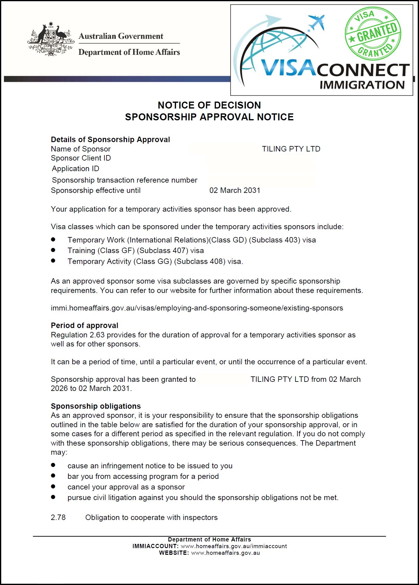 Visa Grant