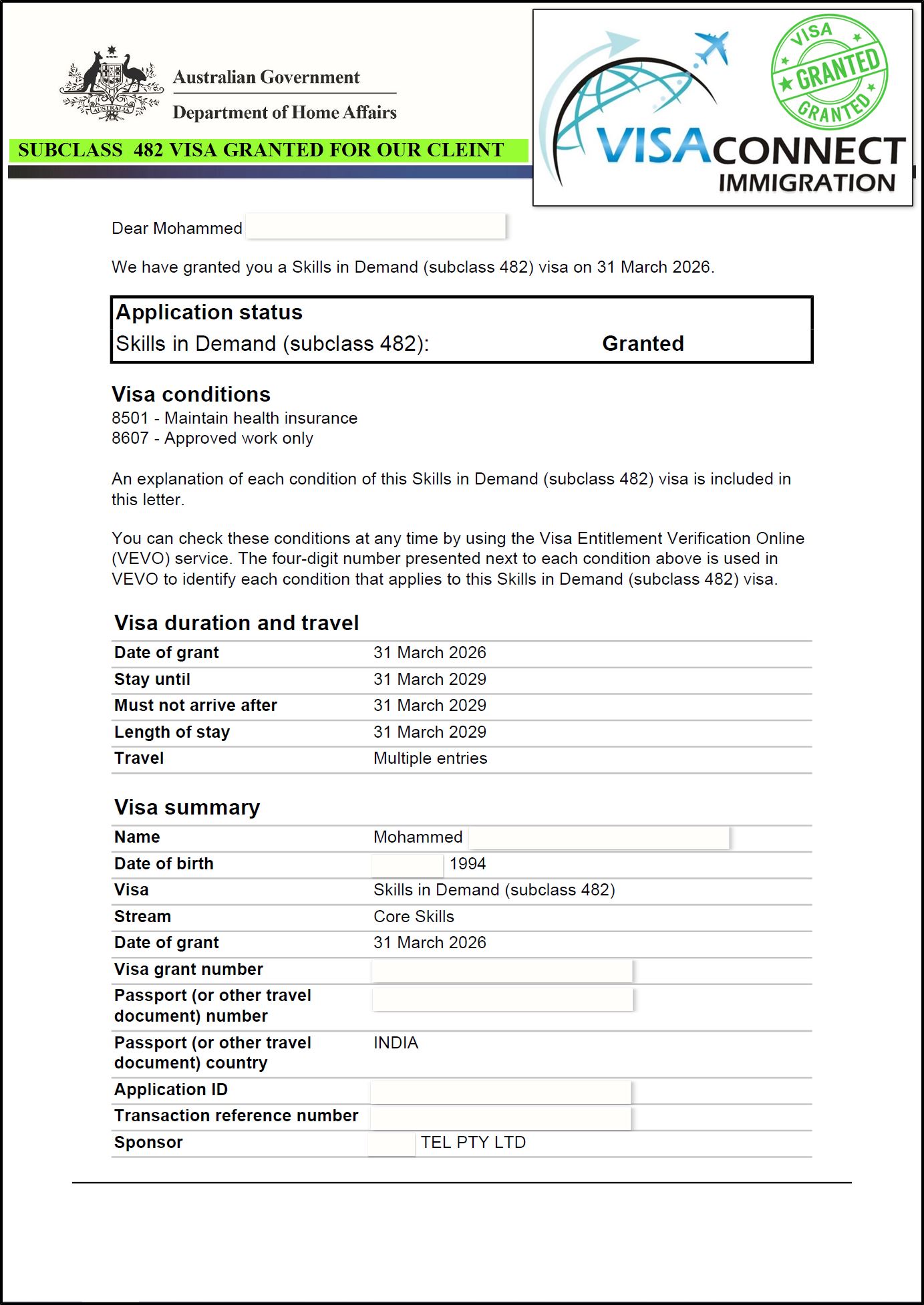 Visa Grant